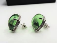 Tresor Paris Sterling Silver Cabochon Green Chalcedony Earrings New with Gift Box