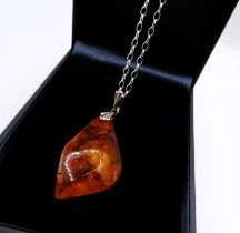 Sterling Silver Chunky Baltic Amber Pendant Necklace