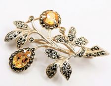 Vintage Sterling Silver Citrine & Marcasite Brooch