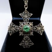 Artisan Sterling Silver 5CT Green Prasiolite Celtic Cross Pendant Necklace