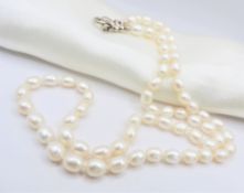 Cultured Pearl Necklace 6mm Oval Pearls 20 inches Silver Clasp