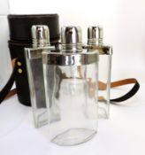 Circa 1930's Art Deco Triple Glass Flask Set in Leather Holder