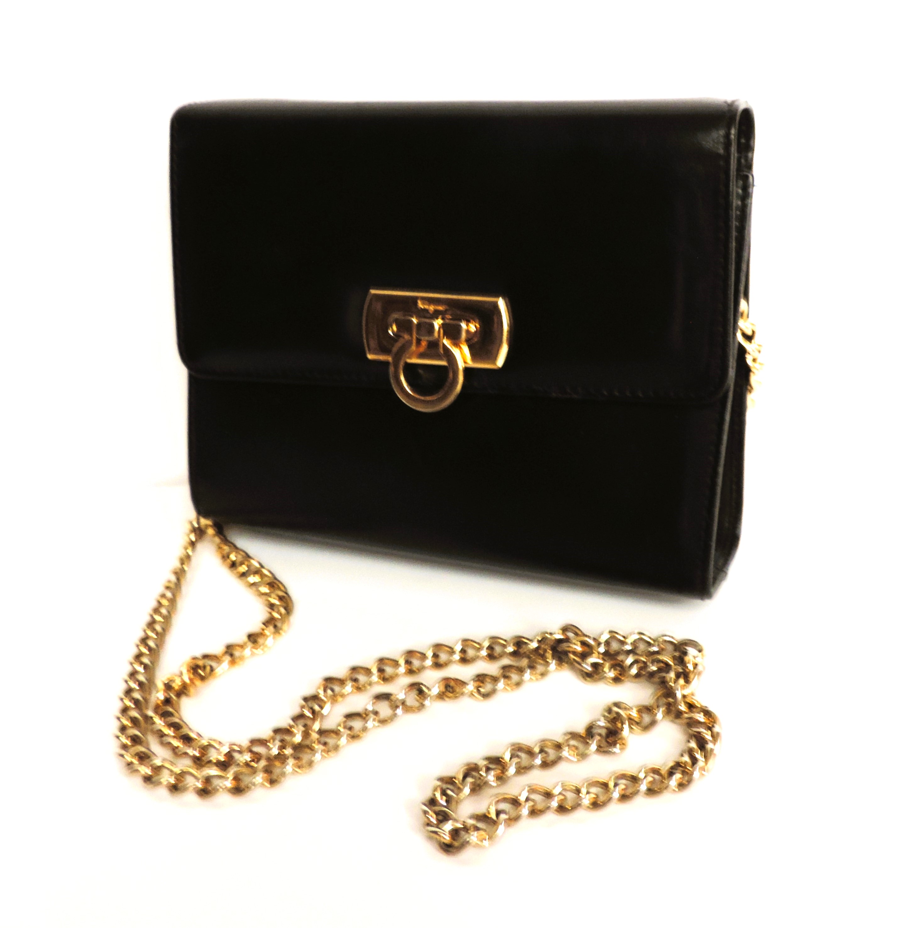 Vintage Salvatore Ferragamo Black Leather Mini Cross Body Bag Gold Chain AQ-21 8382 - Image 8 of 11