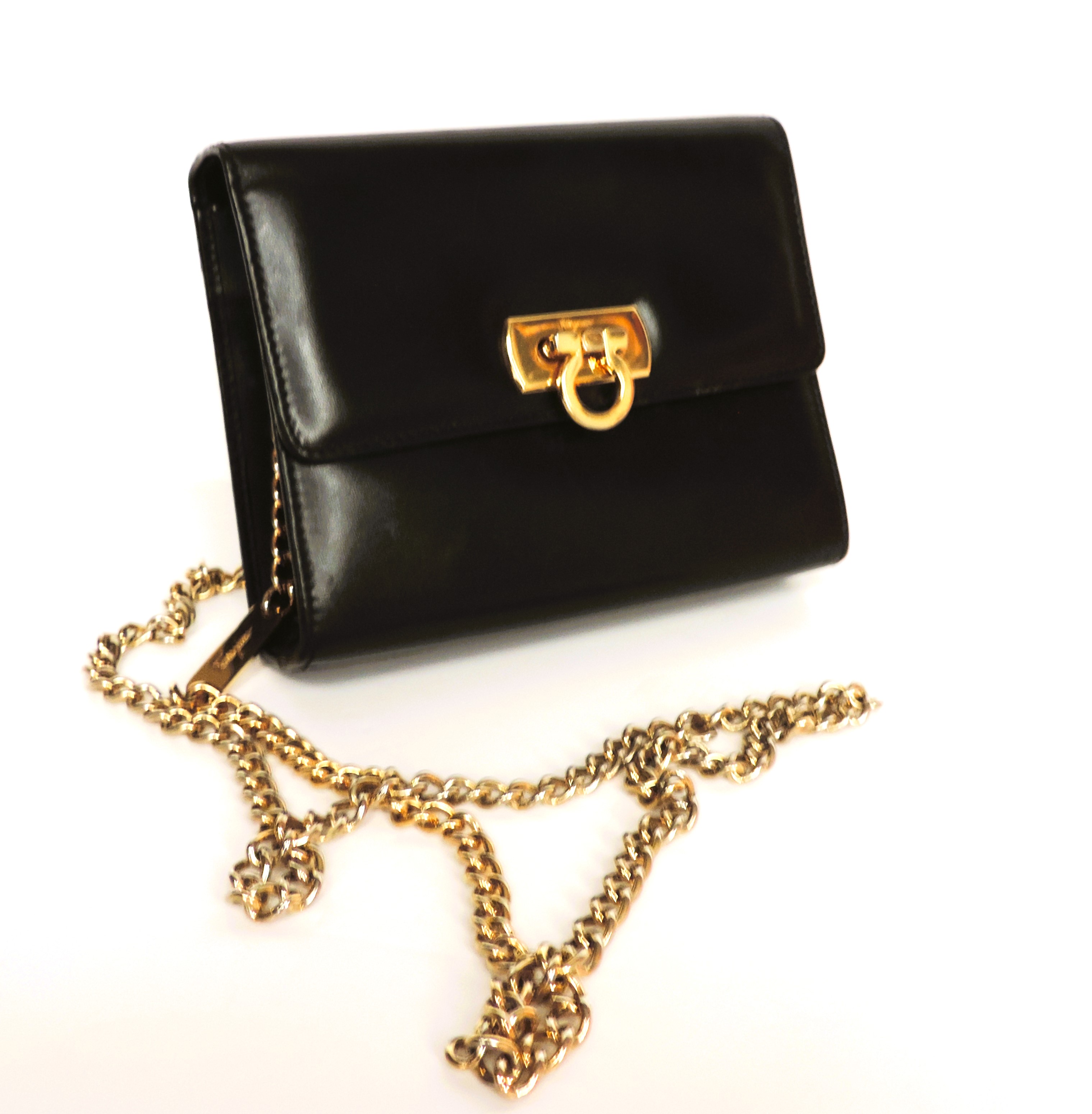 Vintage Salvatore Ferragamo Black Leather Mini Cross Body Bag Gold Chain AQ-21 8382 - Image 10 of 11