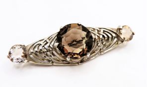 Art Deco Sterling Silver 18ct Smokey Quartz & Rock Crystal Brooch Edinburgh Hallmark Date 1934