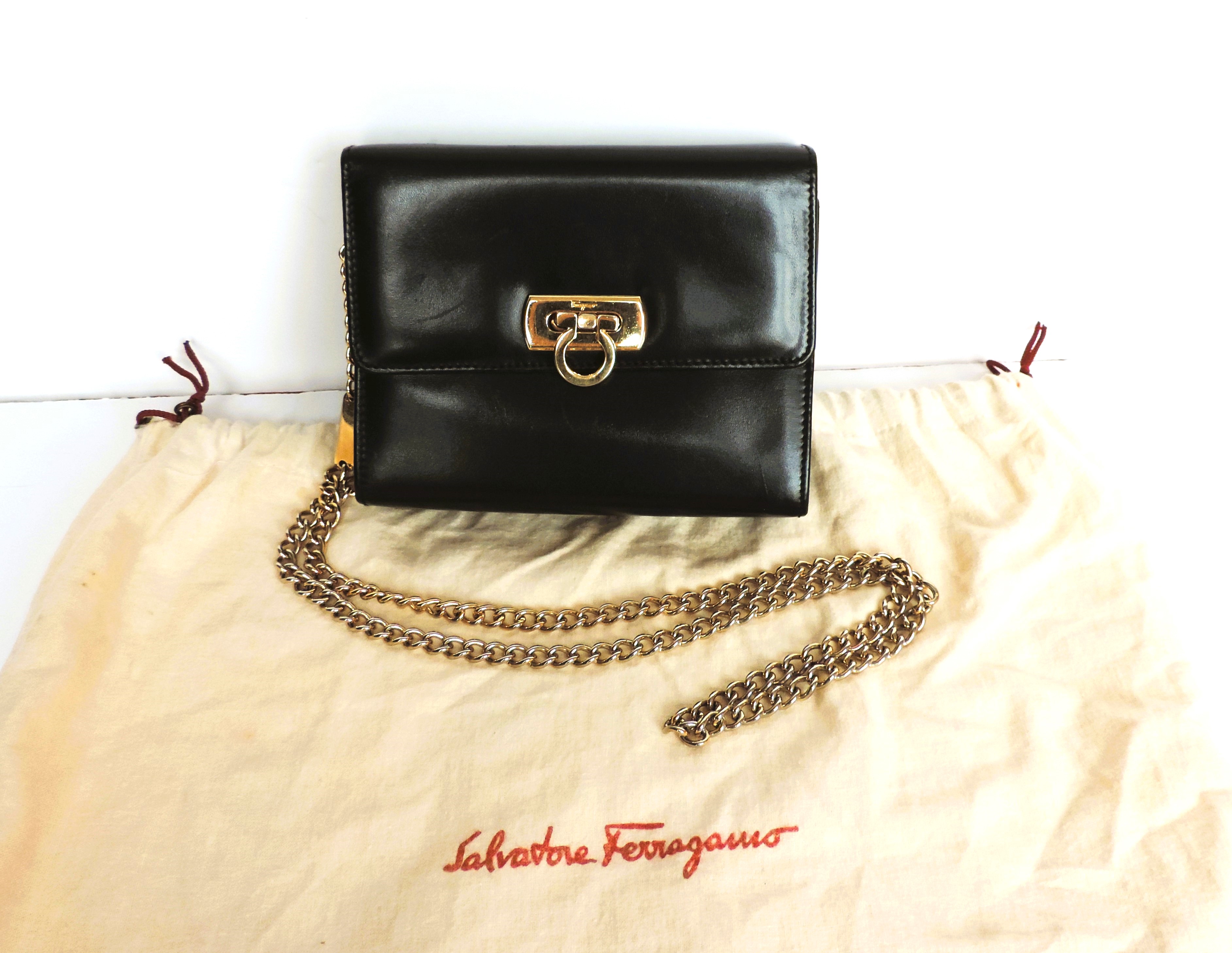 Vintage Salvatore Ferragamo Black Leather Mini Cross Body Bag Gold Chain AQ-21 8382 - Image 2 of 11