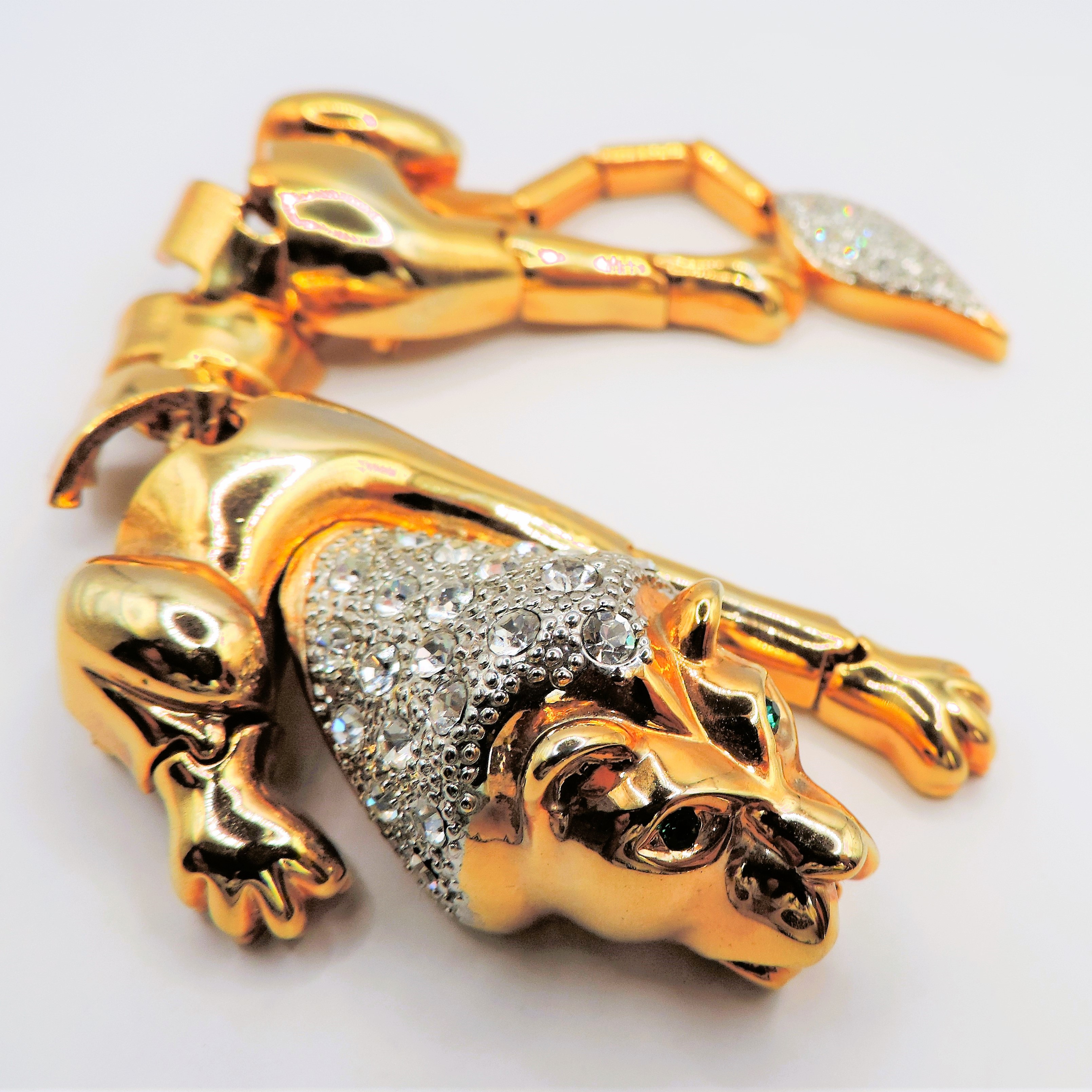 Vintage Gold Plated Crystal Lion Articulated Shoulder Brooch 7 inches Long c. 1980's - Image 2 of 6
