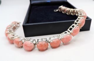 Sterling Silver Cabochon Pink Rhodochrosite Gemstone Bracelet New with Gift Box.