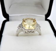 Sterling Silver Lemon Citrine & White Sapphire Ring 6 carats New with Gift Box