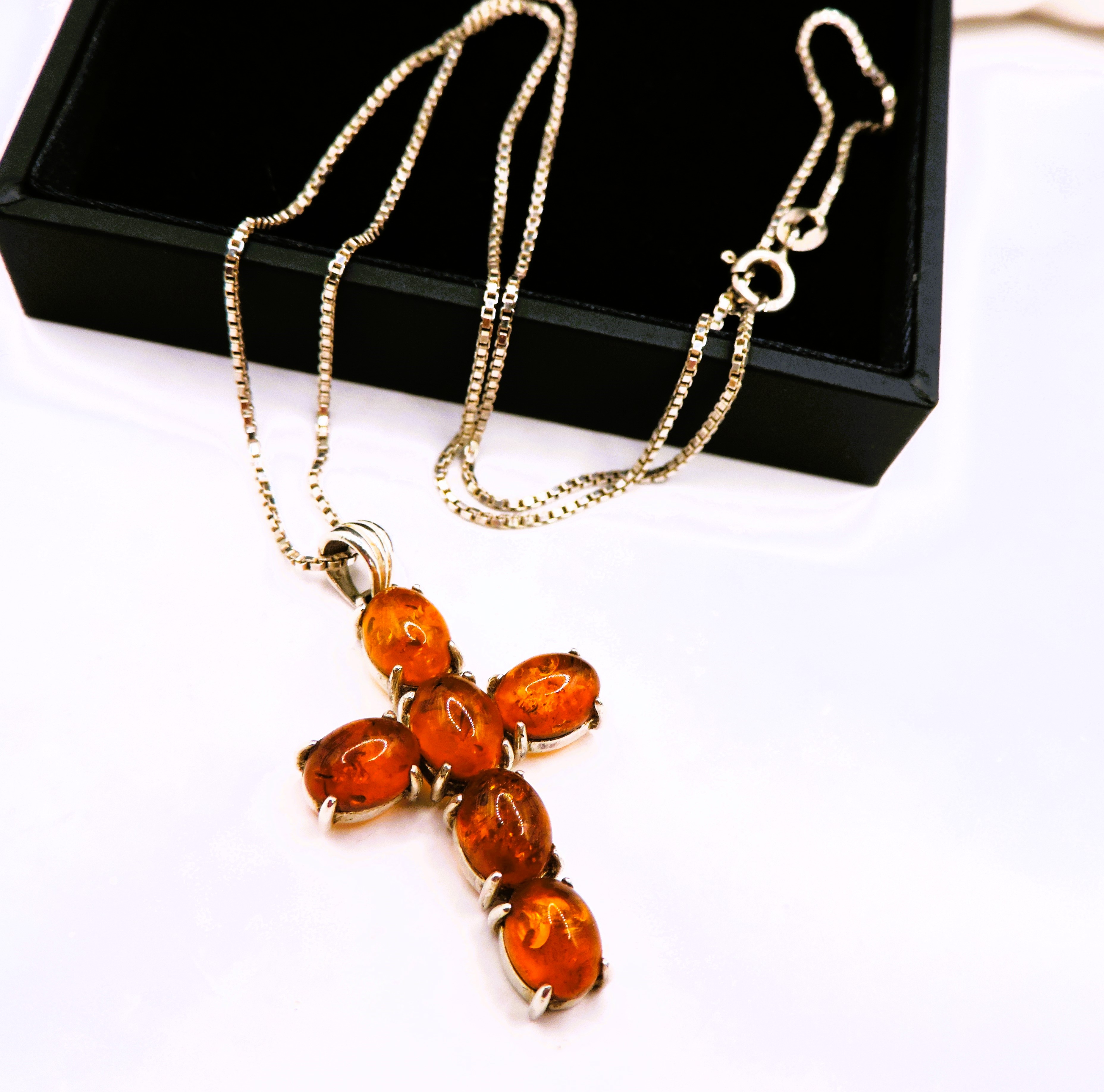 Vintage Sterling Silver Cabochon Baltic Amber Cross Necklace