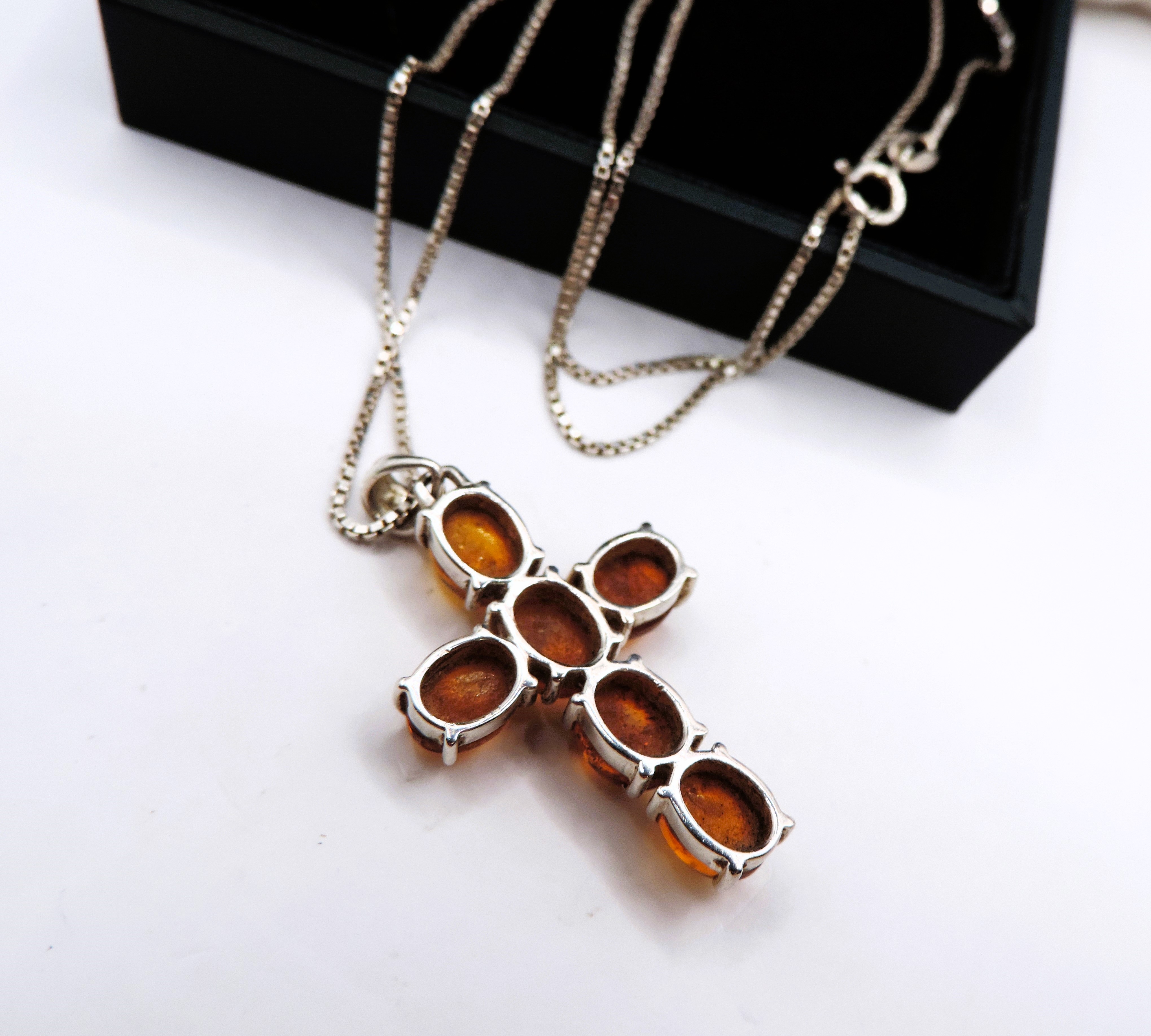Vintage Sterling Silver Cabochon Baltic Amber Cross Necklace - Image 3 of 3