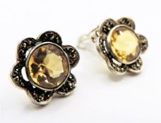 Vintage Artisan Sterling Silver Citrine & Marcasite Earrings 6cts