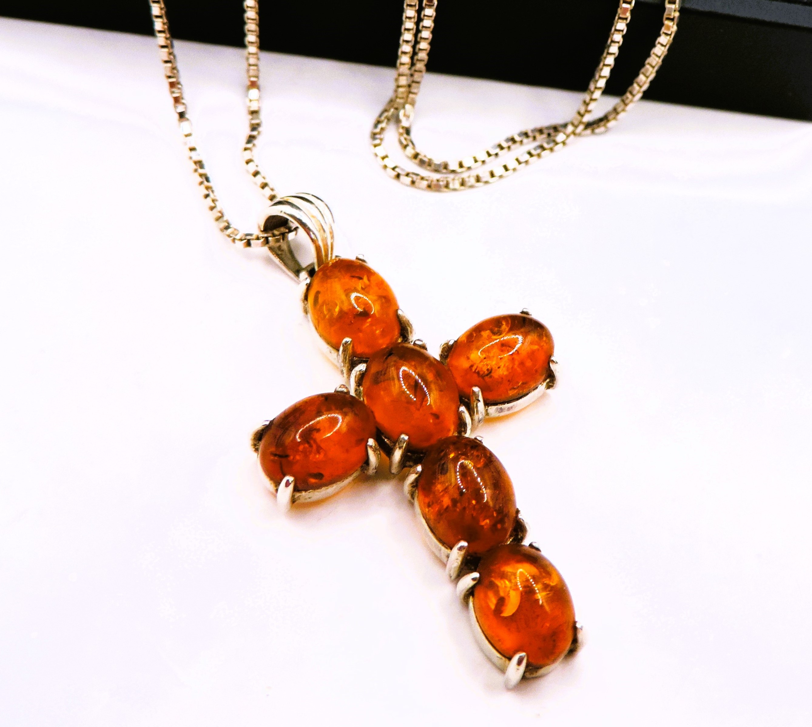 Vintage Sterling Silver Cabochon Baltic Amber Cross Necklace - Image 2 of 3