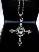 Vintage Sterling Silver Aquamarine Cross Pendant Necklace