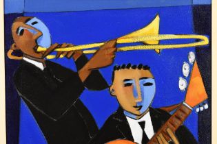 Marsha Hammel Oil on Canvas "Indigo Jazz - Bone & Guitar"