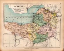 County of Somersetshire 1895 Antique Victorian Coloured Map.