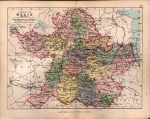 County Of Meath Ireland Antique Detailed Coloured Victorian Map.