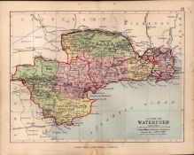 County Of Waterford Ireland Antique Detailed Coloured Victorian Map.