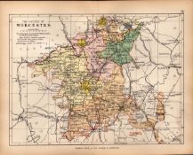 County of Worcestershire 1895 Antique Victorian Coloured Map.