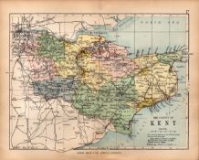 County of Kent 1895 Antique Victorian Coloured Map.