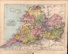 County of Clare Ireland Antique Detailed Coloured Victorian Map.