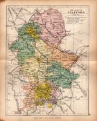 County of Staffordshire 1895 Antique Victorian Coloured Map.
