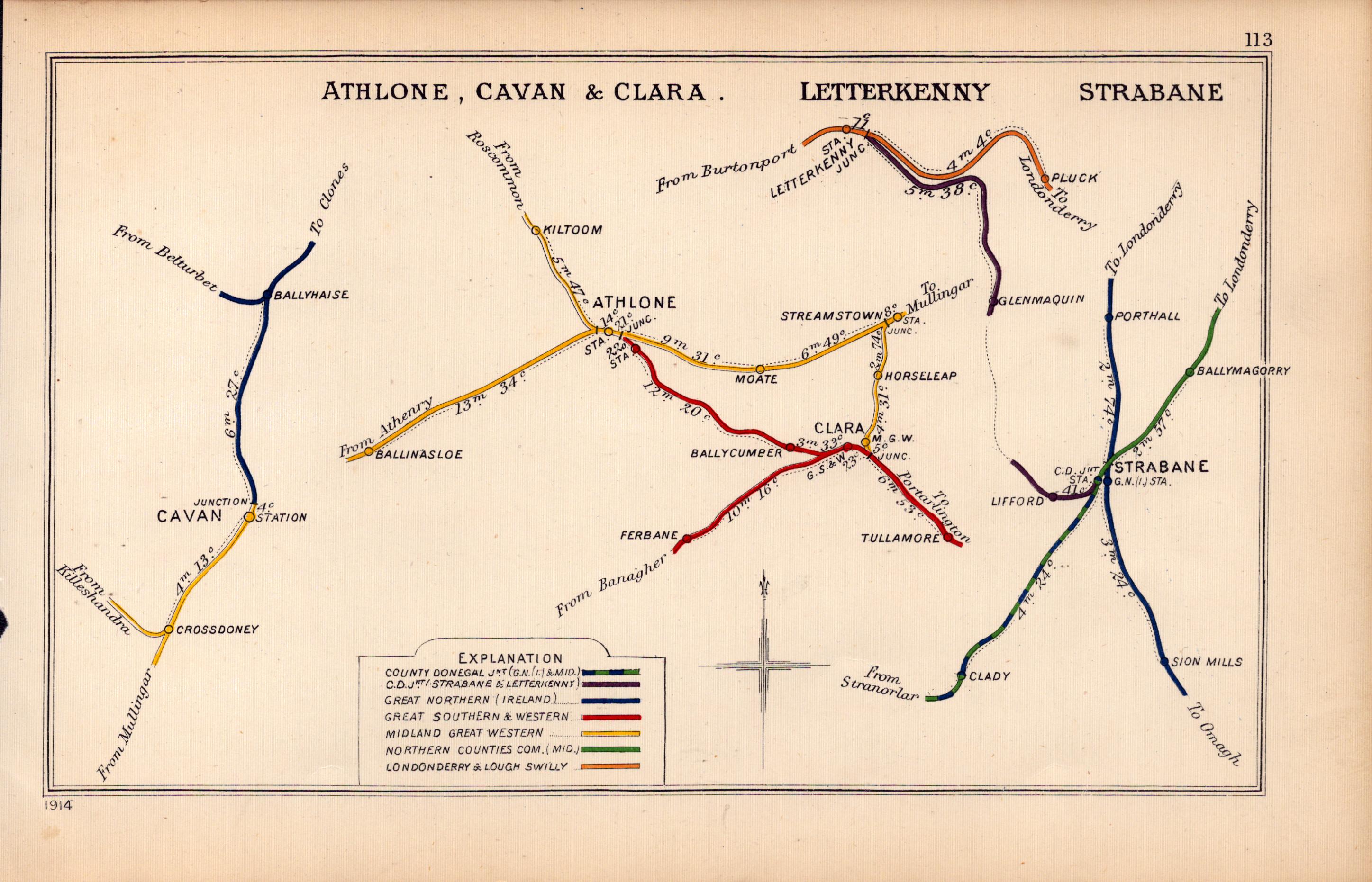 Athlone Cavan Letterkenny Strabane Ireland Antique Railway Diagram-113.