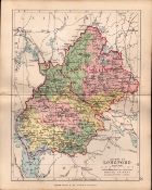 County Of Longford Ireland Antique Detailed Coloured Victorian Map.