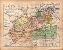 County of Surrey 1895 Antique Victorian Coloured Map.
