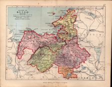 County Of Sligo Ireland Antique Detailed Coloured Victorian Map.