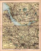 Environs of Manchester & Liverpool 1895 Antique Victorian Coloured Map.