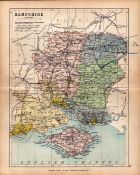 County of Hampshire 1895 Antique Victorian Coloured Map.