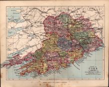 County of Cork Ireland Antique Detailed Coloured Victorian Map.
