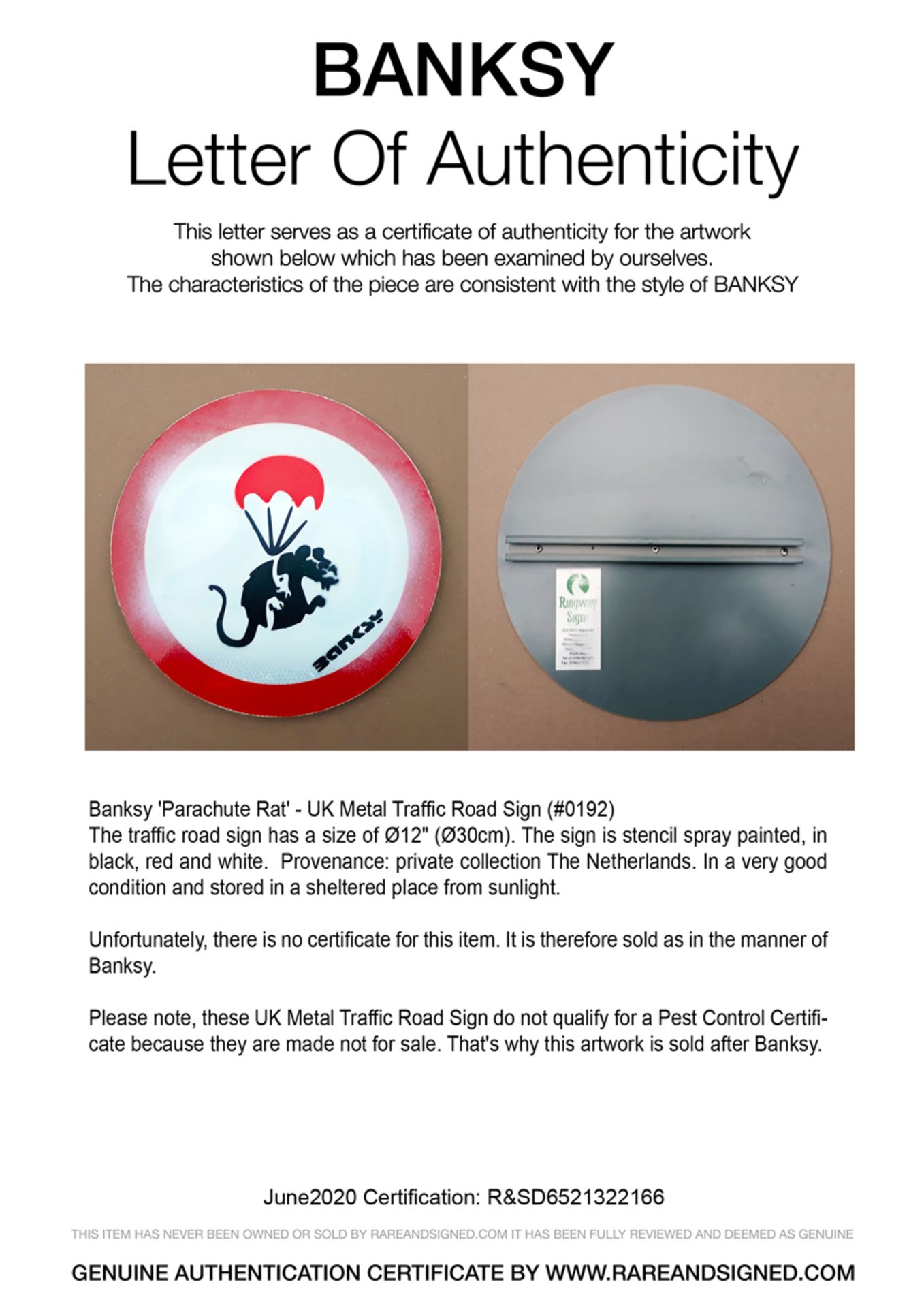 Banksy (Attributed) 'Parachute Rat' - UK Metal Traffic Road Sign w/COA (#0192) - Image 3 of 3