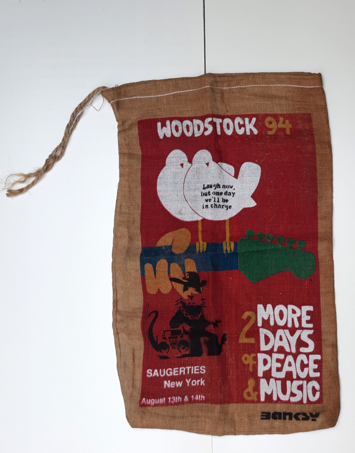 Banksy (Attributed) ""Radio Rat"" Original Woodstock 1994 Saugerties NY 13 & 14 August Music Burlap