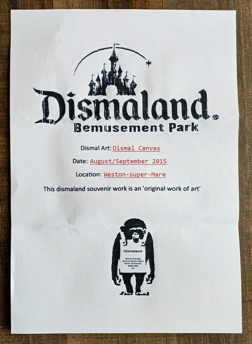 Banksy (Attributed) WSM Dismaland Boy Praying Canvas w/Ticket, Letter and Envelope. (#0594) - Image 6 of 6
