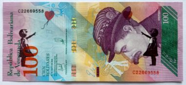 Banksy Banknote 100 Bolivariana with BanksyTag Dismaland 2015 (#0603)