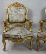 Pair of Carved Giltwood Louis XV Style Upholstered Armchairs