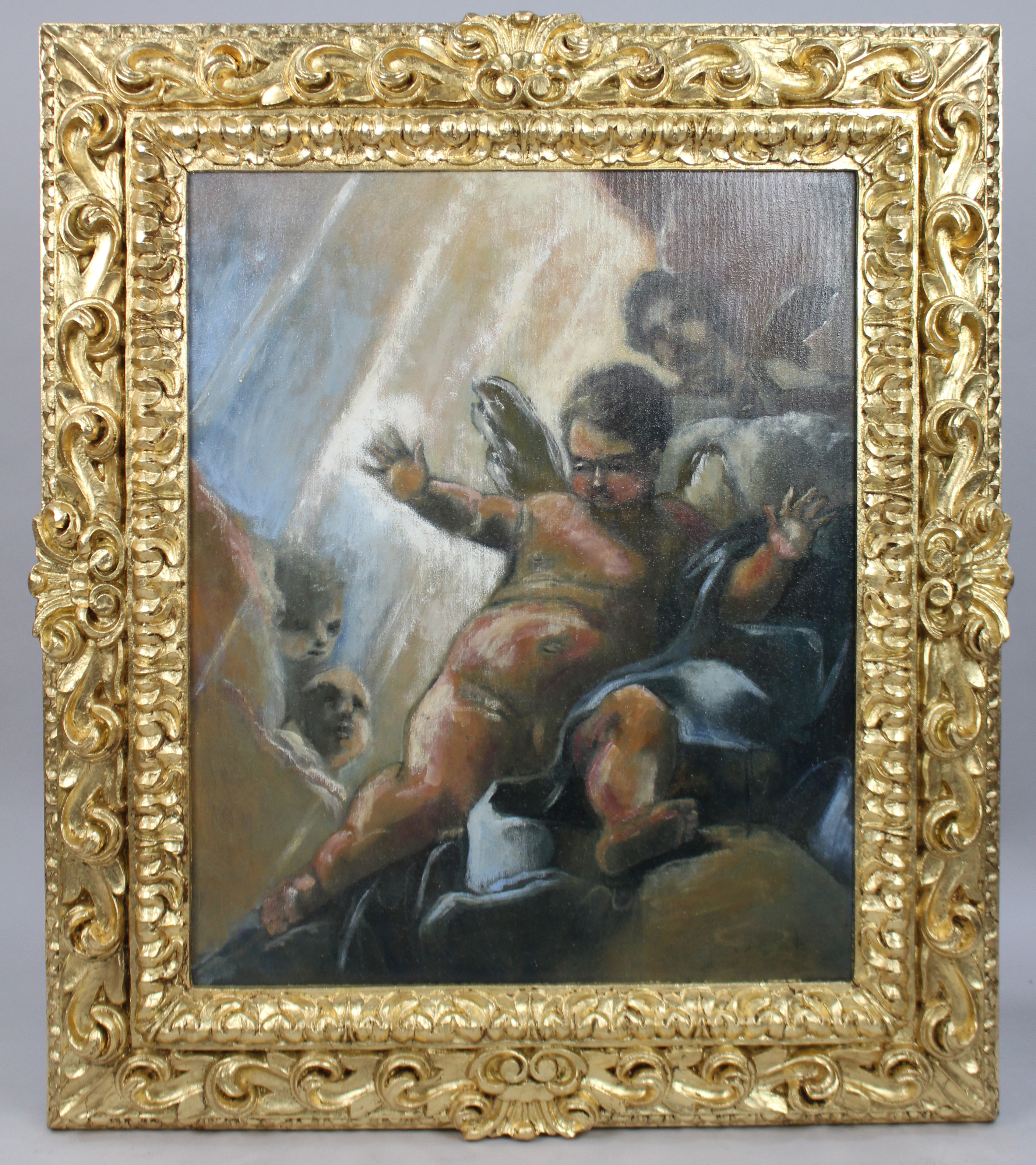 Fine Italian Oil on Canvas Set in Carved Giltwood Frame