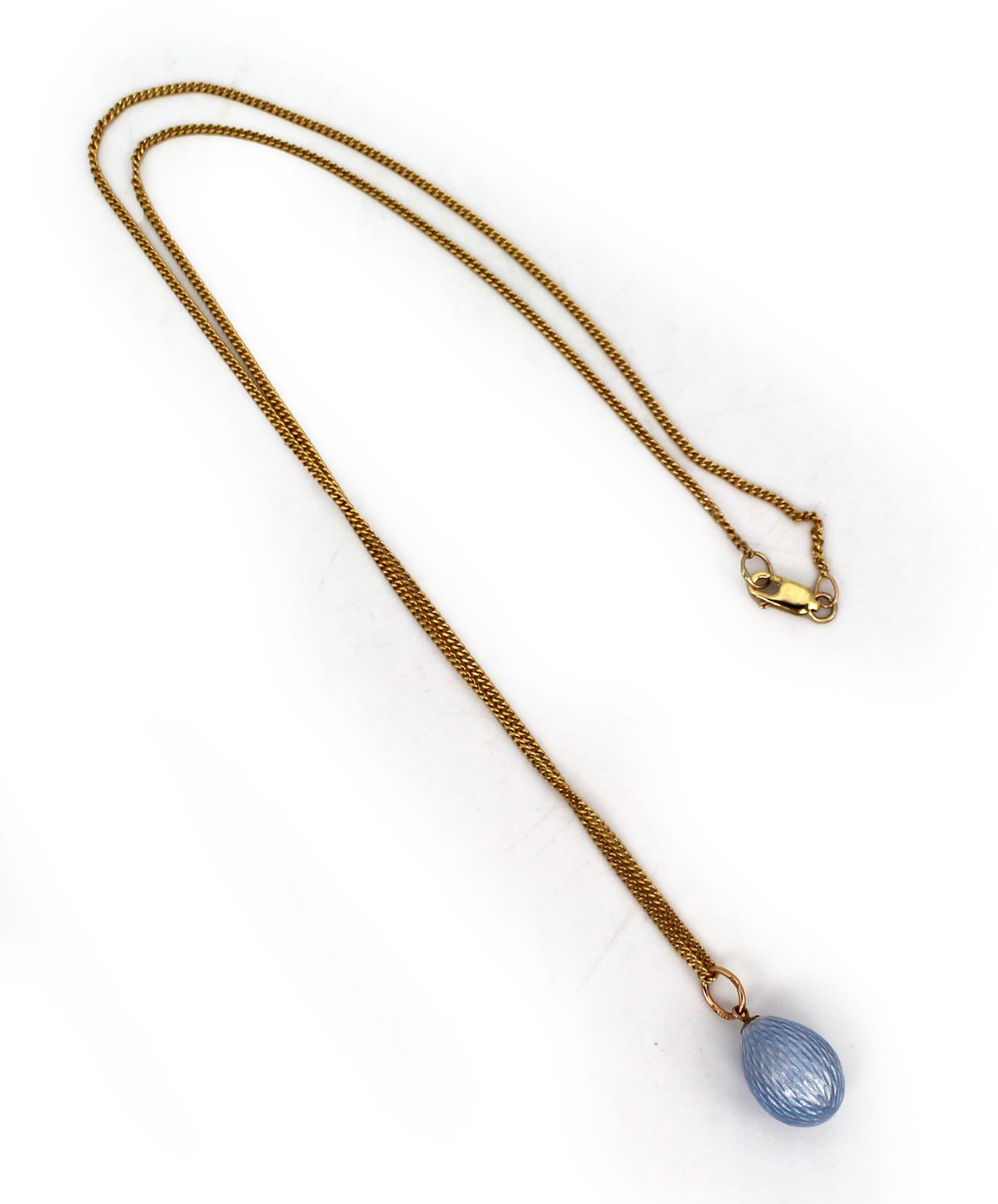 Russian Blue Guilloche Enamel 14ct Gold Egg Pendant on 9ct Gold Chain