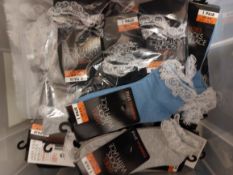 Box of 24 Pairs of Socks, Blue, Grey and Black With Lace Edging
