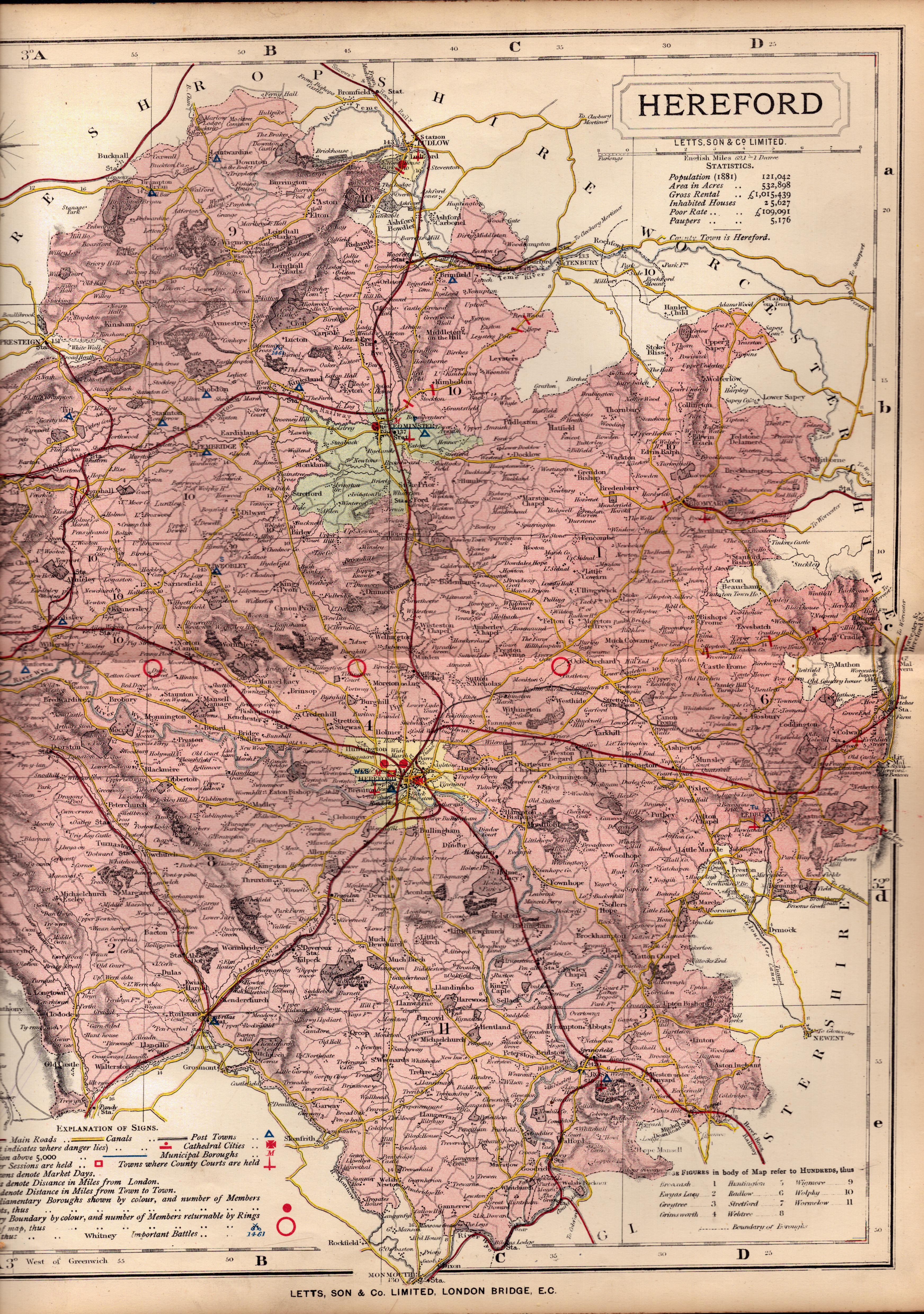 The County of Herefordshire Large Victorian Letts 1884 Antique Coloured Map.