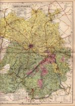 The County of Shropshire Large Victorian Letts 1884 Antique Coloured Map.