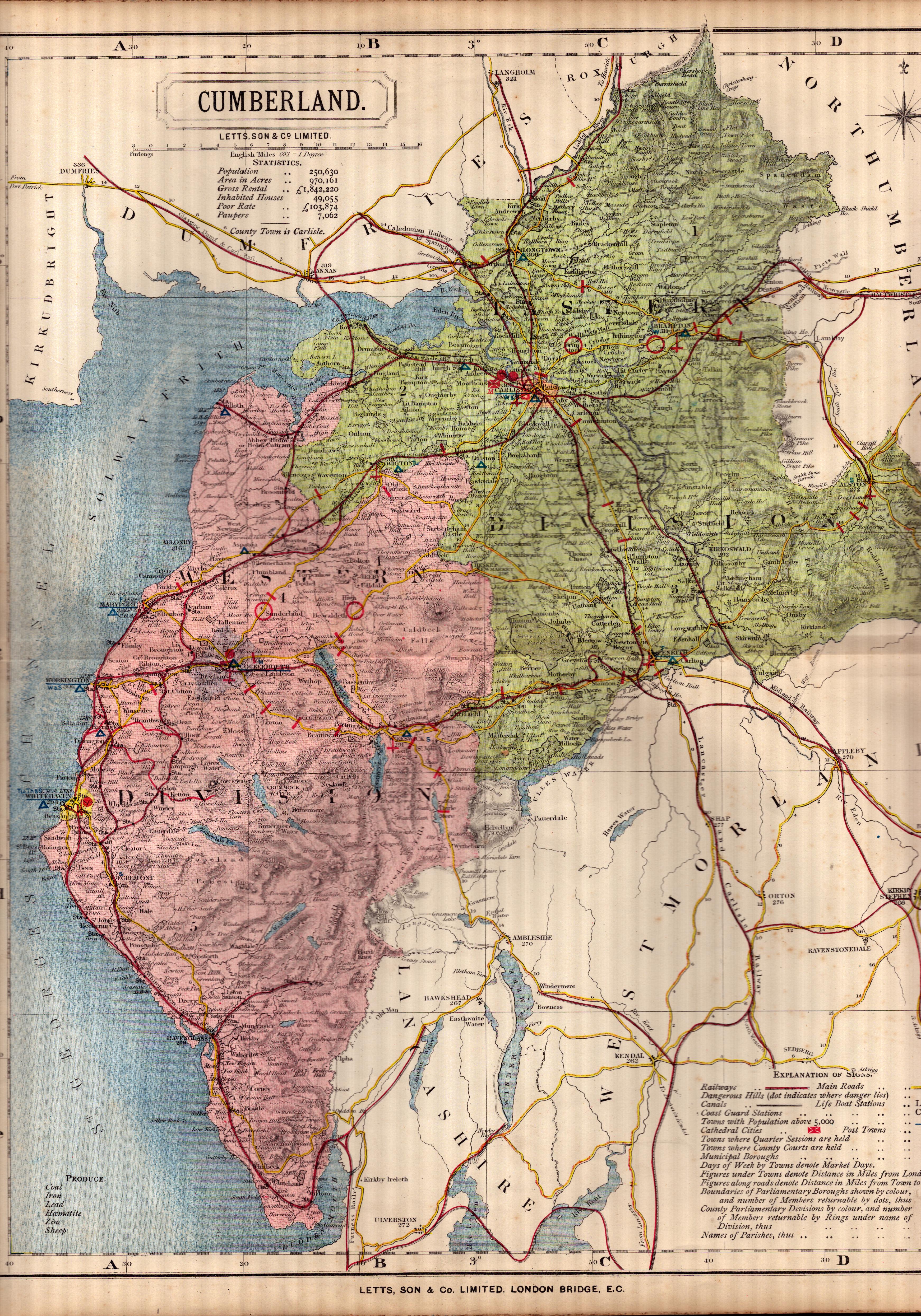 The City Of Chester & Cheshire Large Victorian Letts 1884 Antique Coloured Map.