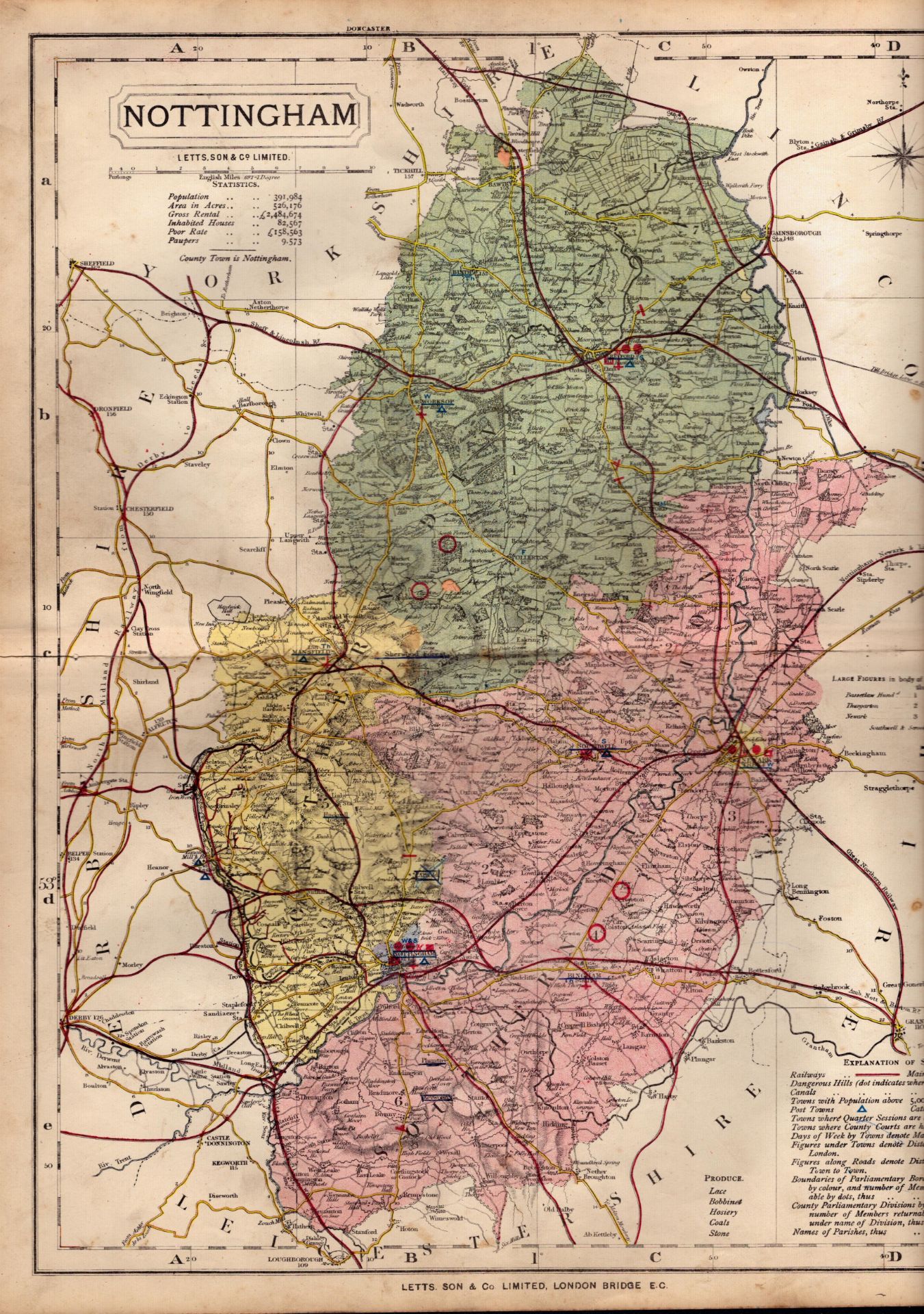 The County of Nottingham Large Victorian Letts 1884 Antique Coloured Map.
