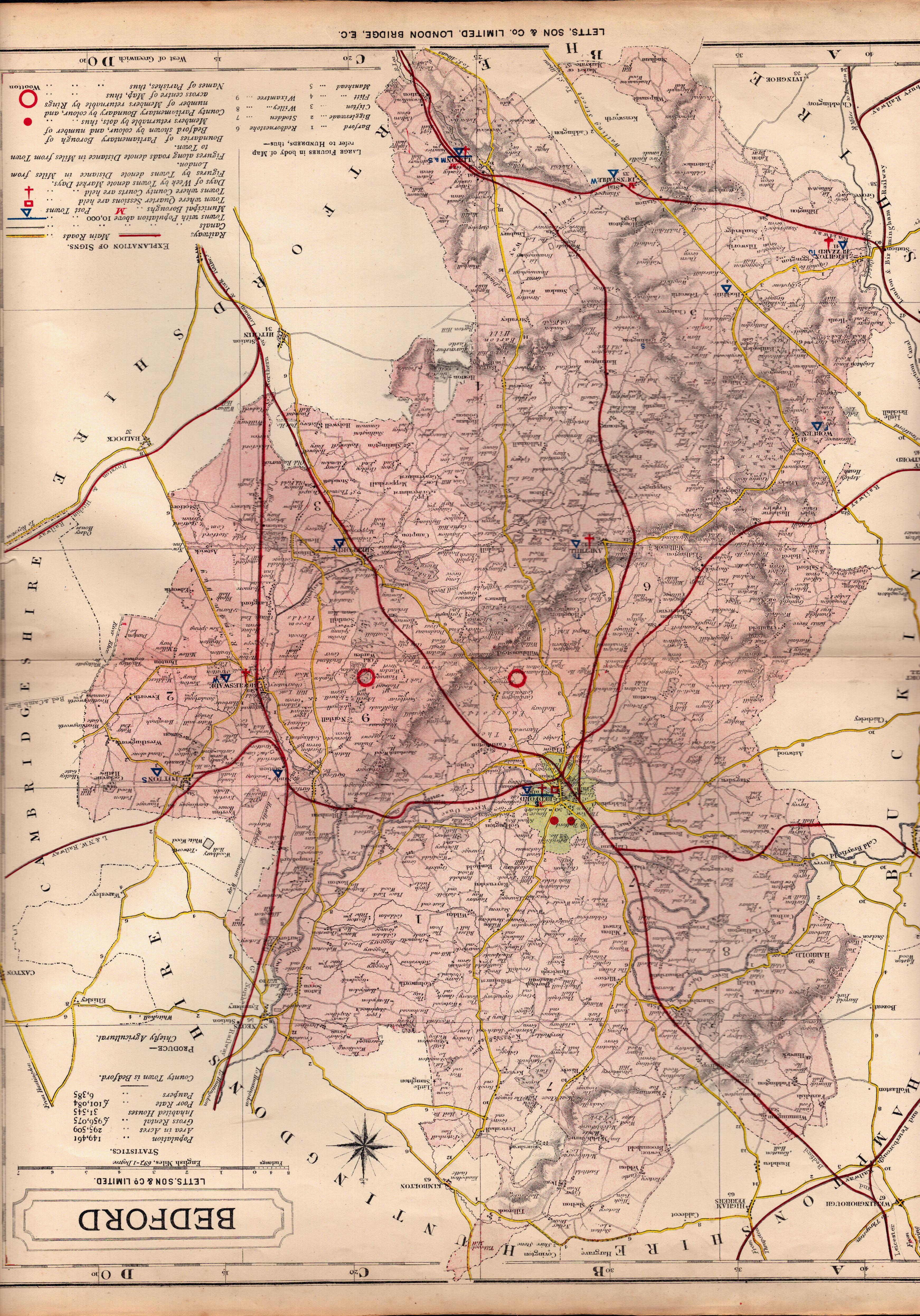 County Of Bedfordshire Large Victorian Letts 1884 Antique Coloured Map.