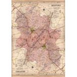 County Of Bedfordshire Large Victorian Letts 1884 Antique Coloured Map.