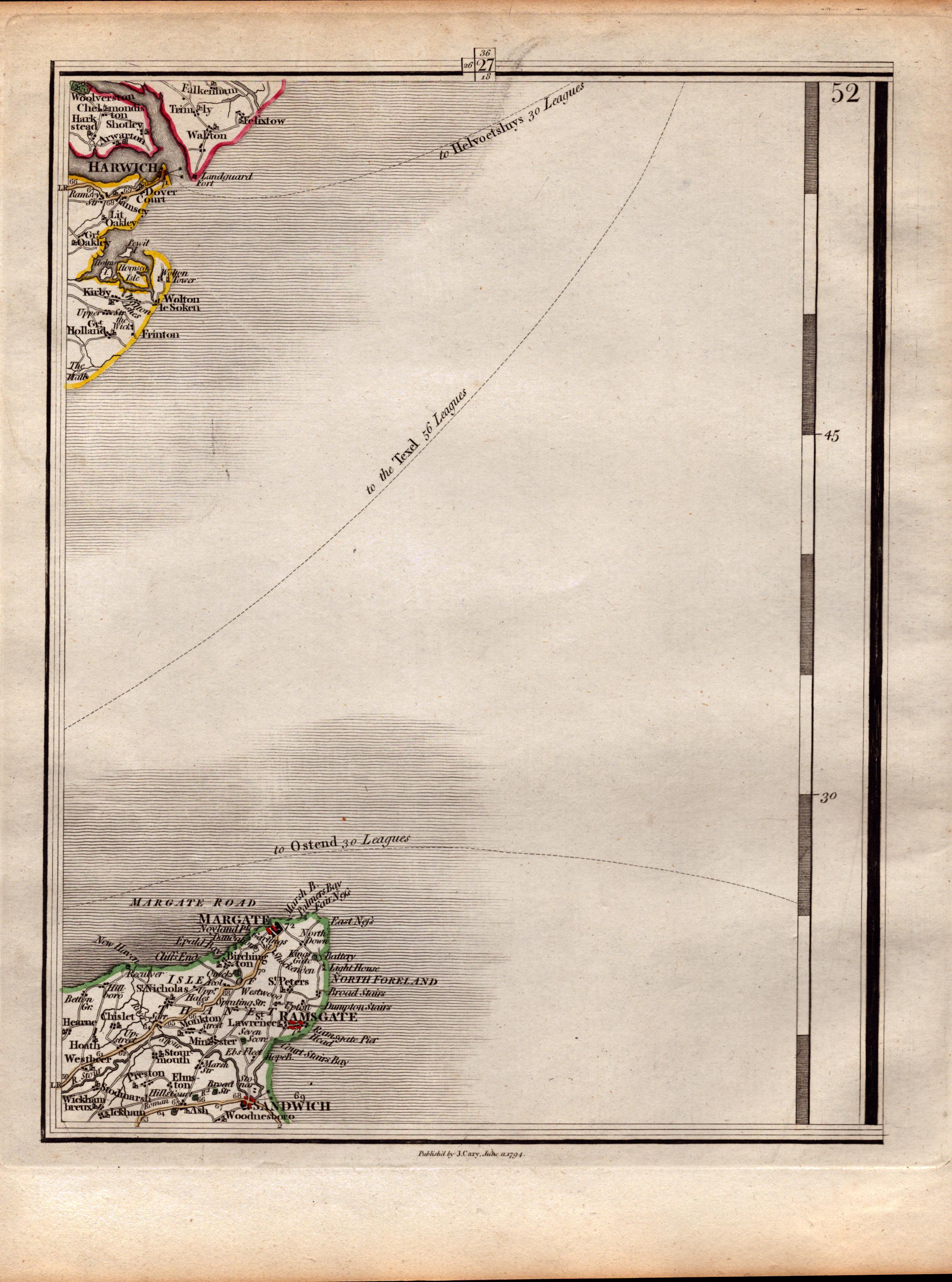 Margate, Ramsgate, Felixstowe John Cary's Antique George III 1794 Map.