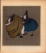 Cecil Aldin Merry Party Rare Antique Book Plate “Bunnies Trying On The Gown”