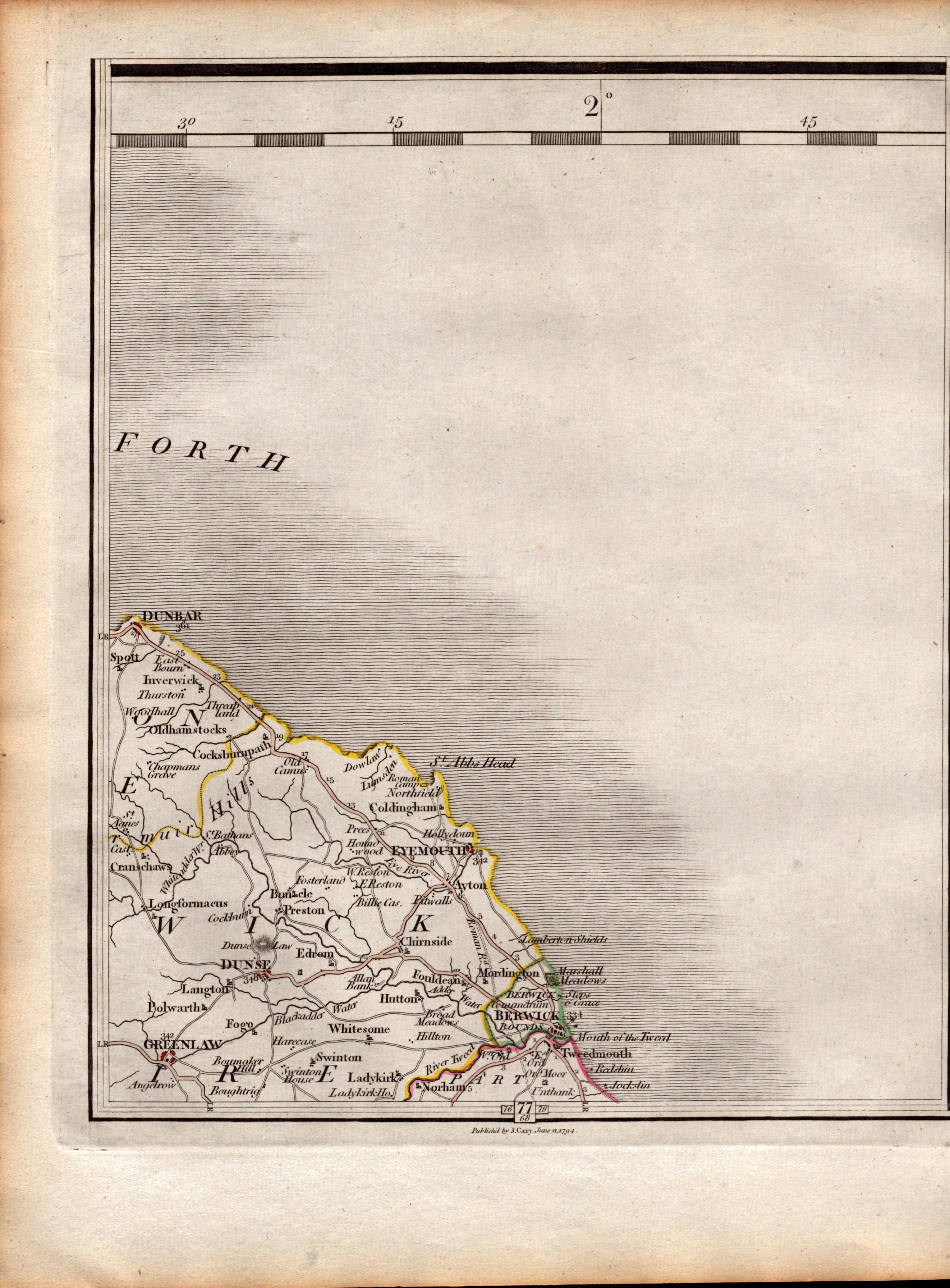 Berwickshire Dunbar Berwick on Tweed Eyemouth John Cary's Map of 1794.